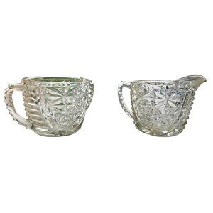 Vintage Diamond Pattern Glass Creamer & Sugar Bowl Set